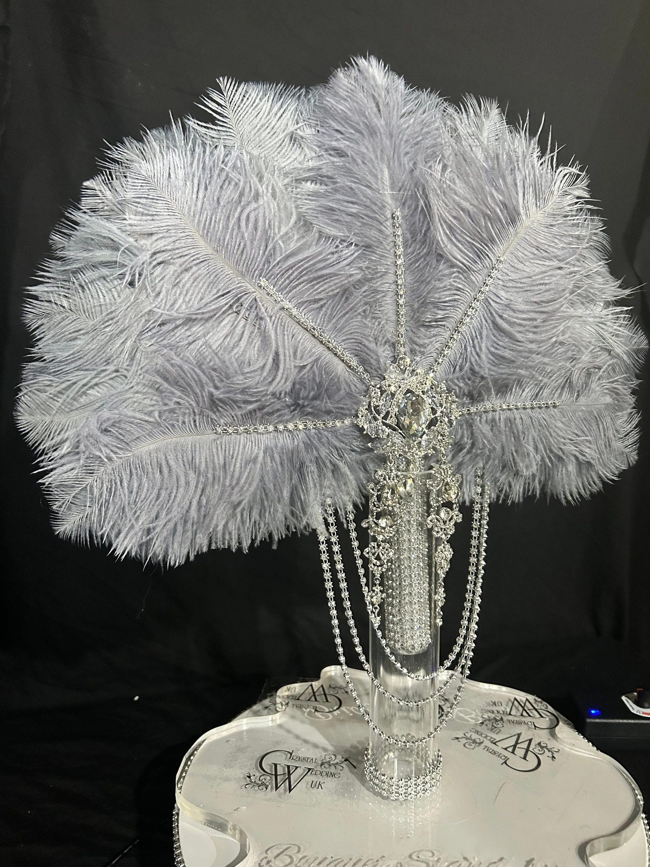 Grey silver feather fan bouquet, Great Gatsby wedding style 1920's - any colour as custom made by Crystal wedding uk