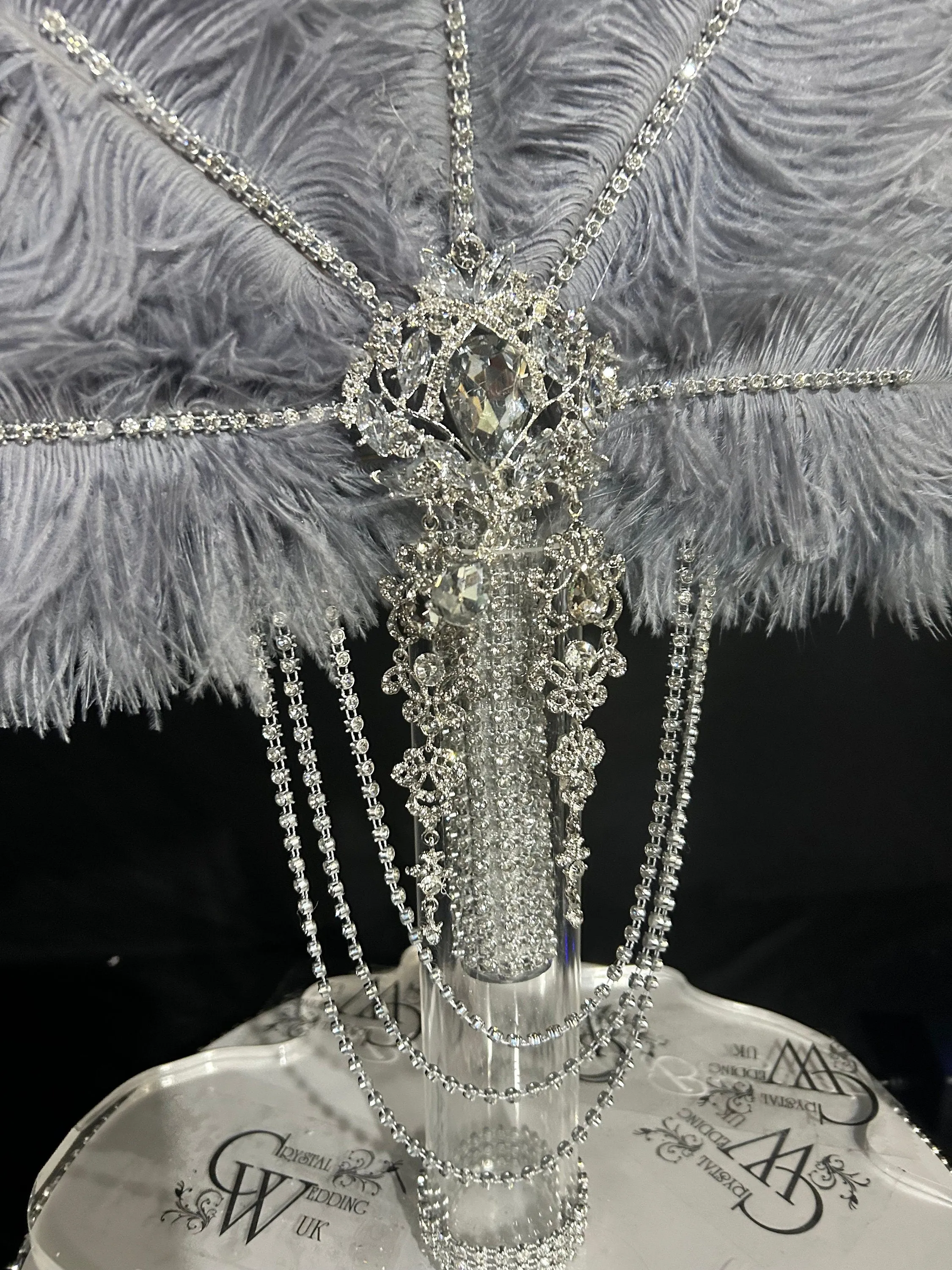 Grey silver feather fan bouquet, Great Gatsby wedding style 1920's - any colour as custom made by Crystal wedding uk