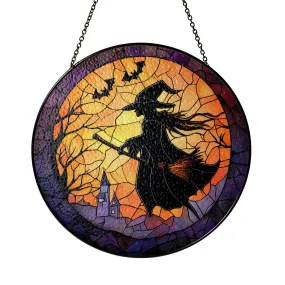 Halloween Stained Glass Suncatcher Collection | Decorative Window Hanging | 2 Sizes | Holiday Decor Accents | Broomstick Witch