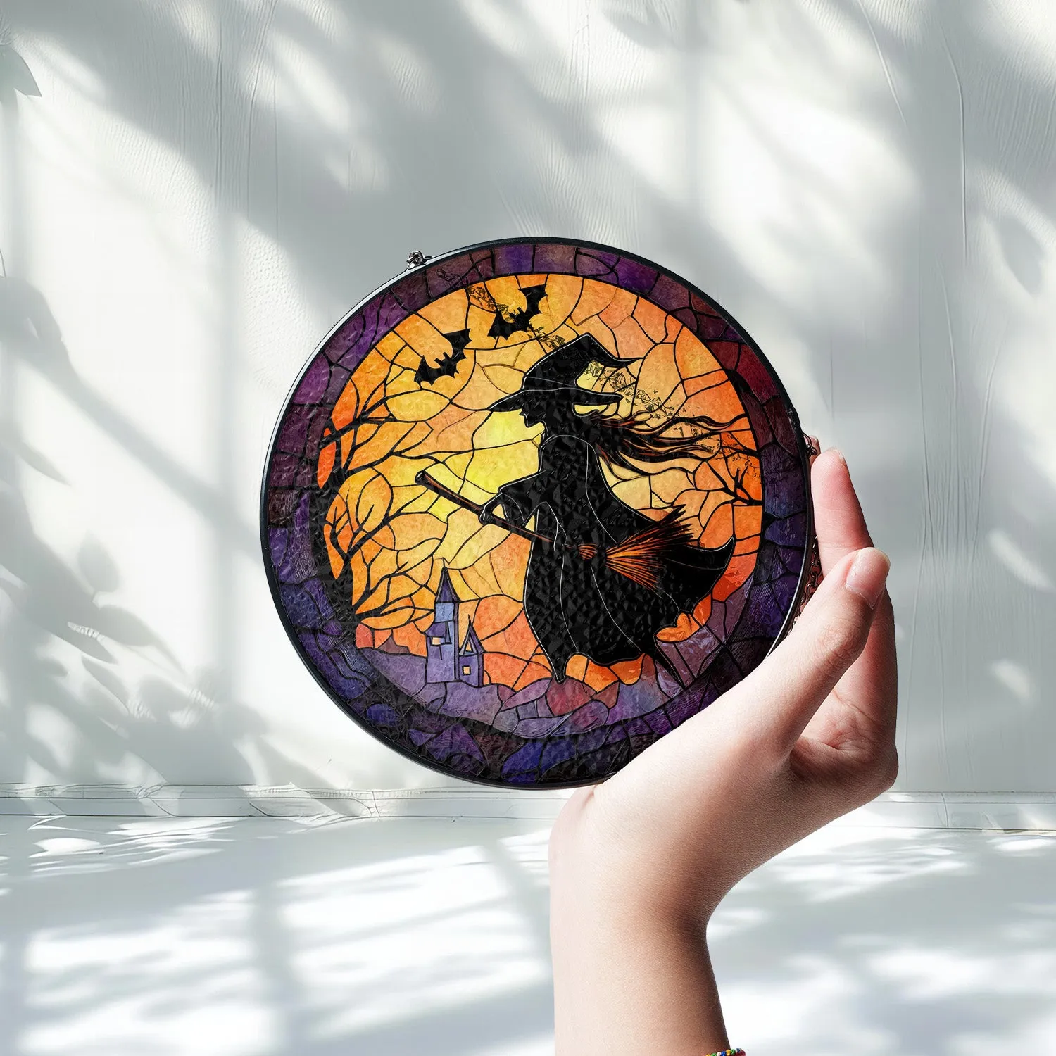 Halloween Stained Glass Suncatcher Collection | Decorative Window Hanging | 2 Sizes | Holiday Decor Accents | Broomstick Witch