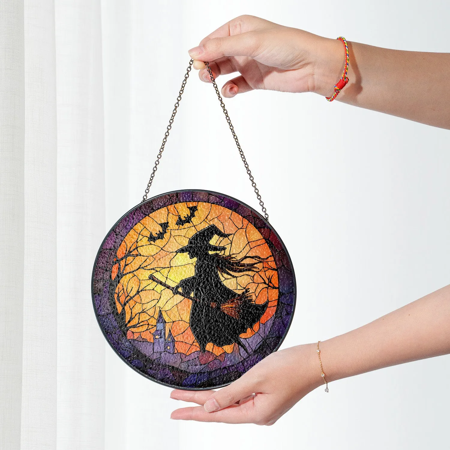 Halloween Stained Glass Suncatcher Collection | Decorative Window Hanging | 2 Sizes | Holiday Decor Accents | Broomstick Witch