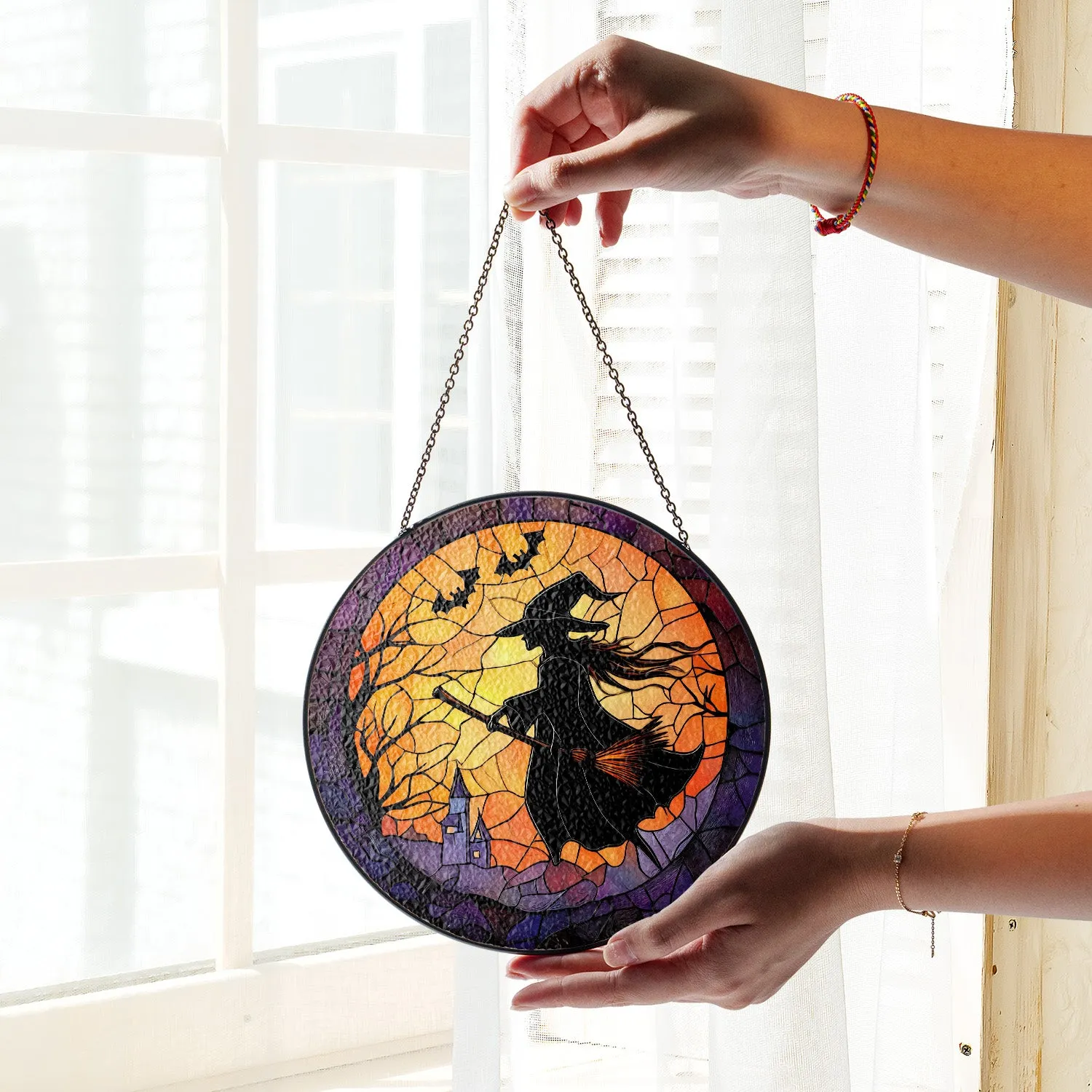 Halloween Stained Glass Suncatcher Collection | Decorative Window Hanging | 2 Sizes | Holiday Decor Accents | Broomstick Witch