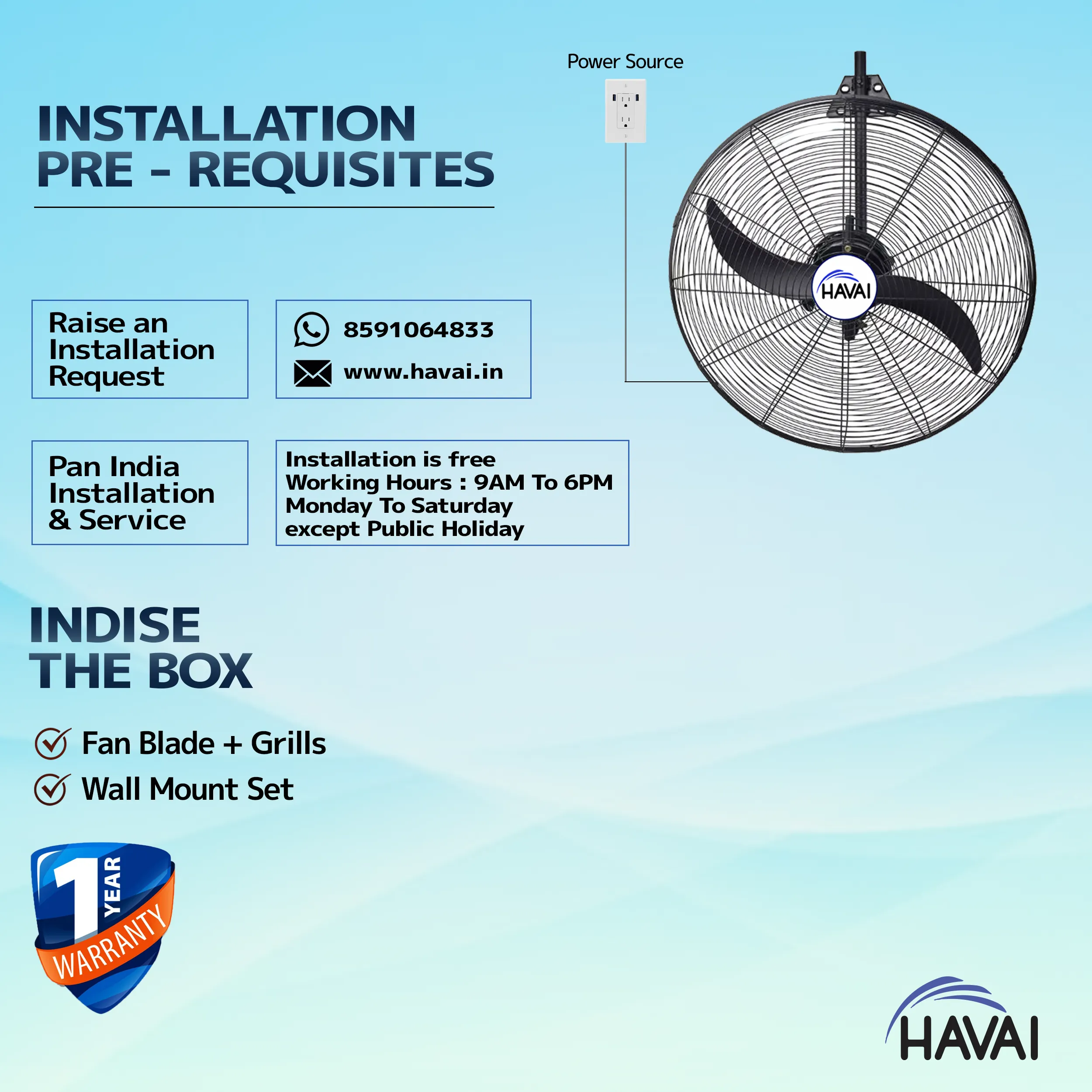 Havai BLDC Wall Mount Fan 20 Inch, 50% Savings On Electricity, High Velocity, Heavy Duty Metal For Industrial, Commercial And Residential Use, Assembly Included , Black