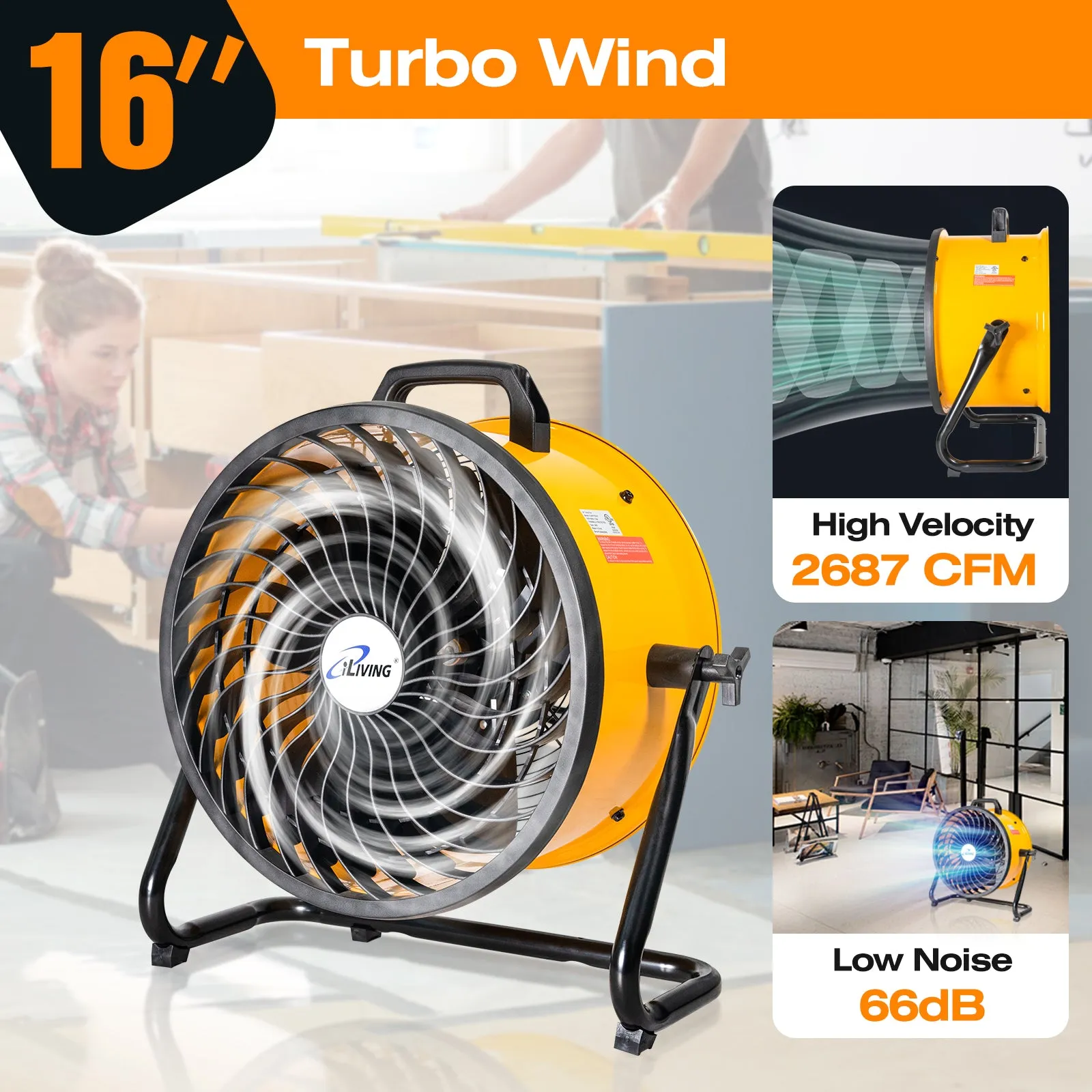 iLiving Low Noise Turbo Fan, 3-Speed, Portable Air Circulator for Shop, Office, Greenhouse, Home and Warehouse