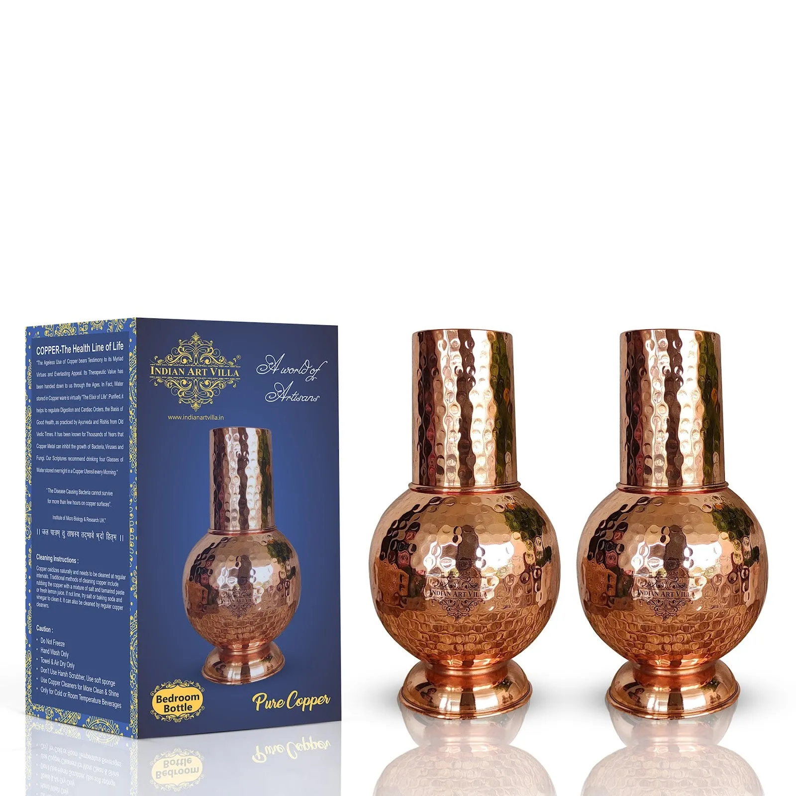 IndianArtVilla Pure Copper Surai Design Bedroom water Bottle With Inbuilt Glass, Drinkware