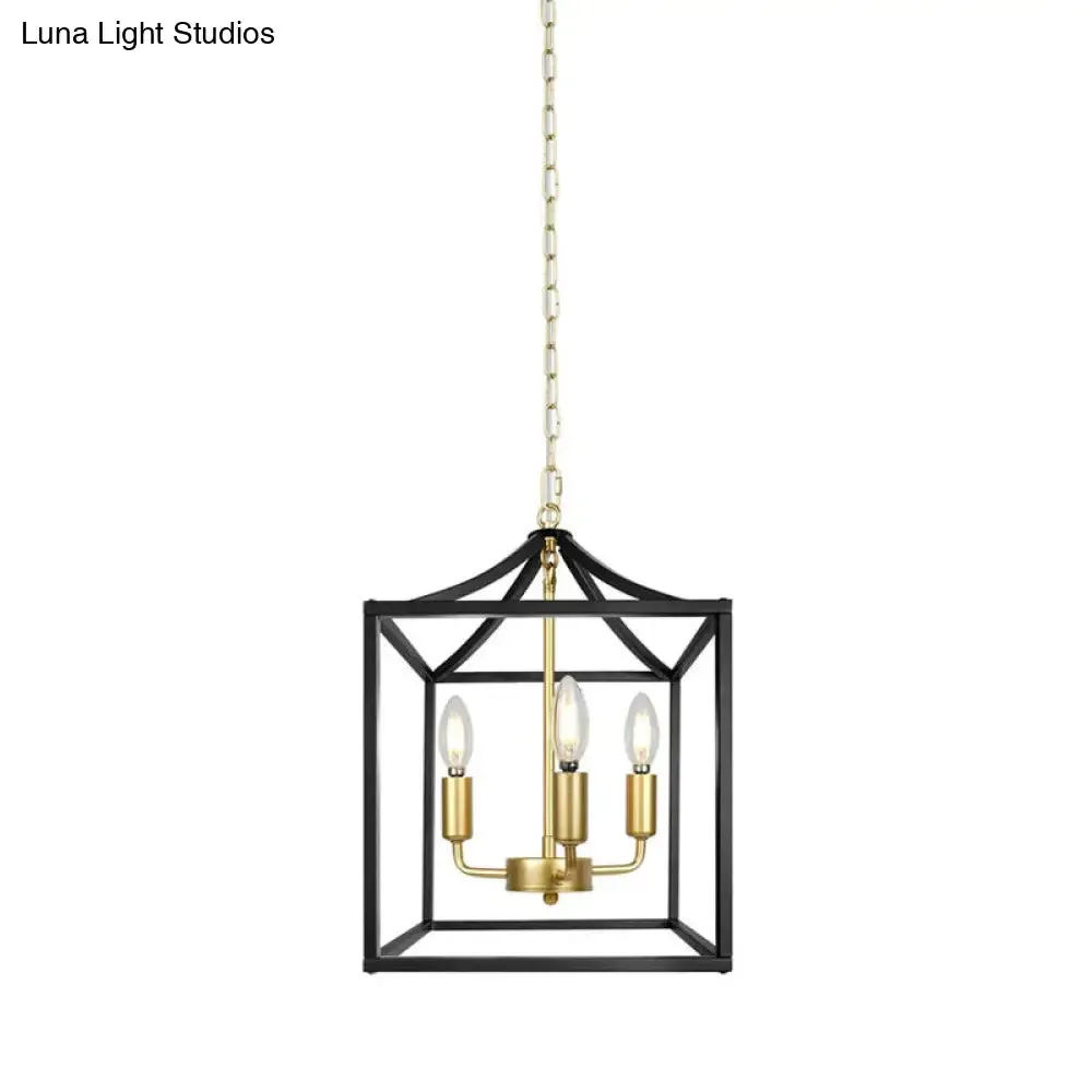 Industrial 3-Light Chandelier with Black/Gold Iron Cage Pendant for Kitchen Ceiling