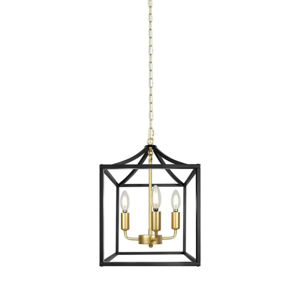 Industrial 3-Light Chandelier with Black/Gold Iron Cage Pendant for Kitchen Ceiling