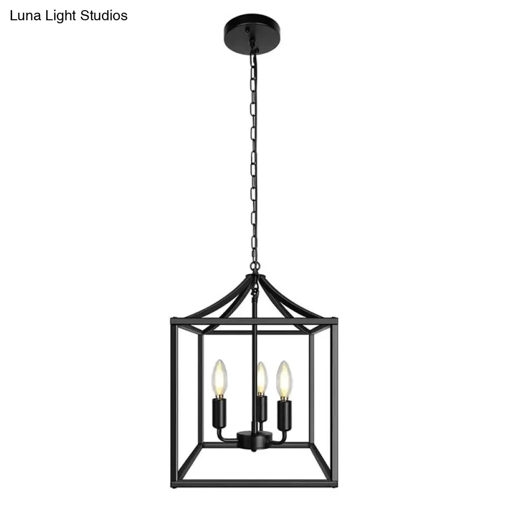 Industrial 3-Light Chandelier with Black/Gold Iron Cage Pendant for Kitchen Ceiling