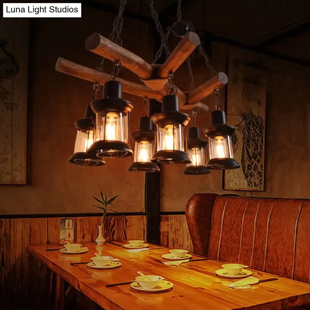 Industrial 6-Head Wood Pendant Lantern for Restaurant Chandelier