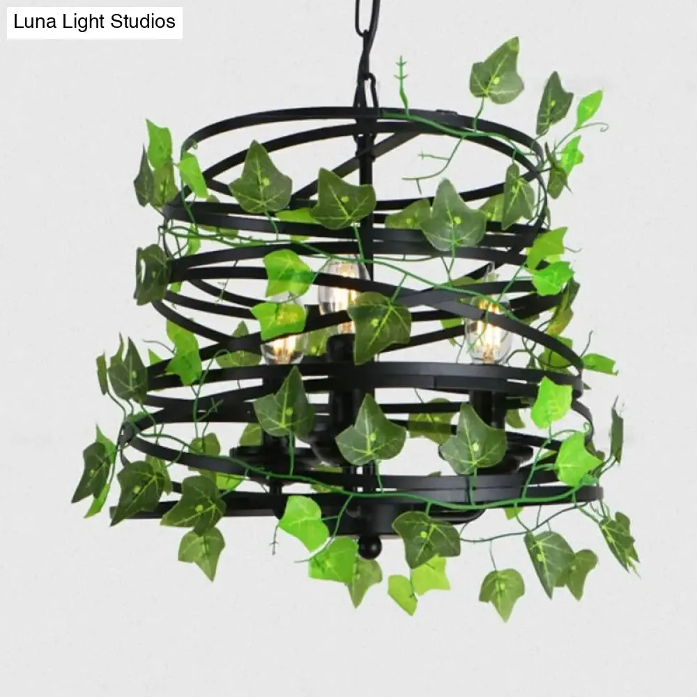 Industrial Green Iron Ceiling Chandelier with 3-Lights, Fake Plant and Cage - Restaurant Pendant Lamp