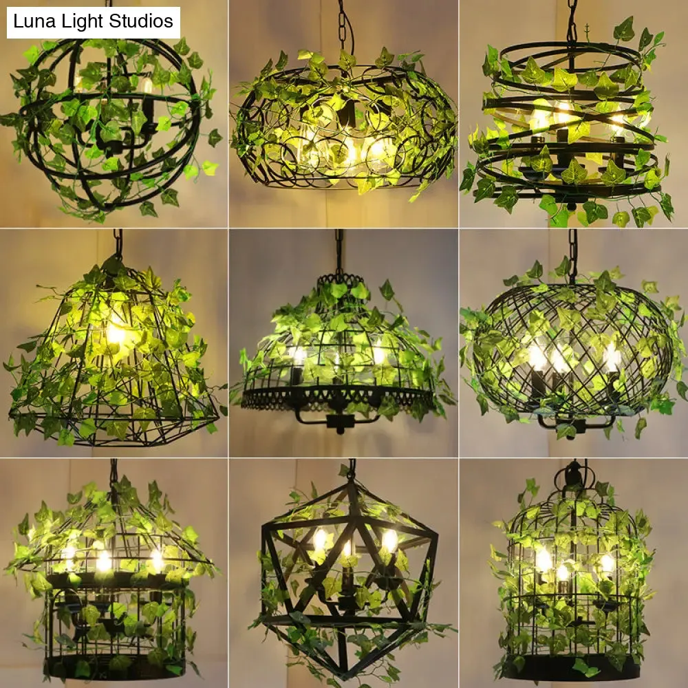 Industrial Green Iron Ceiling Chandelier with 3-Lights, Fake Plant and Cage - Restaurant Pendant Lamp