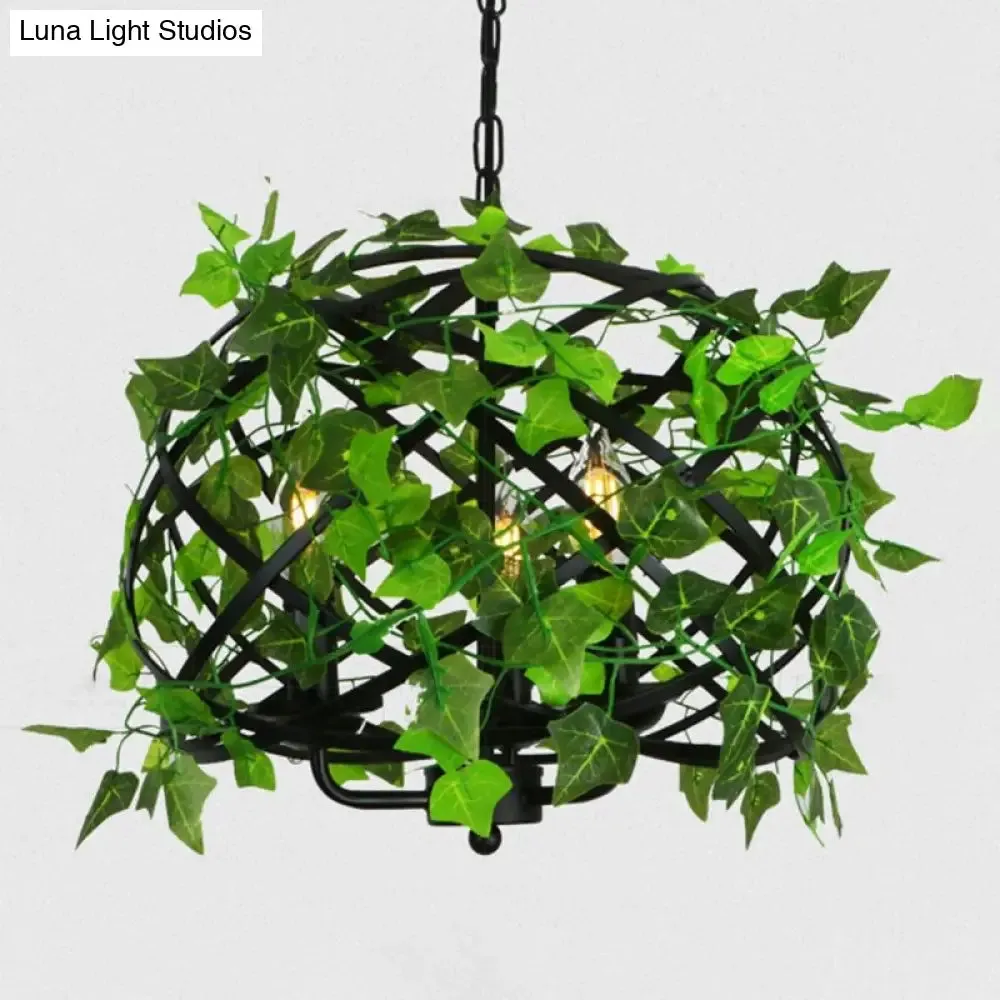 Industrial Green Iron Ceiling Chandelier with 3-Lights, Fake Plant and Cage - Restaurant Pendant Lamp