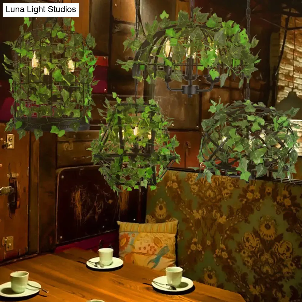 Industrial Green Iron Ceiling Chandelier with 3-Lights, Fake Plant and Cage - Restaurant Pendant Lamp