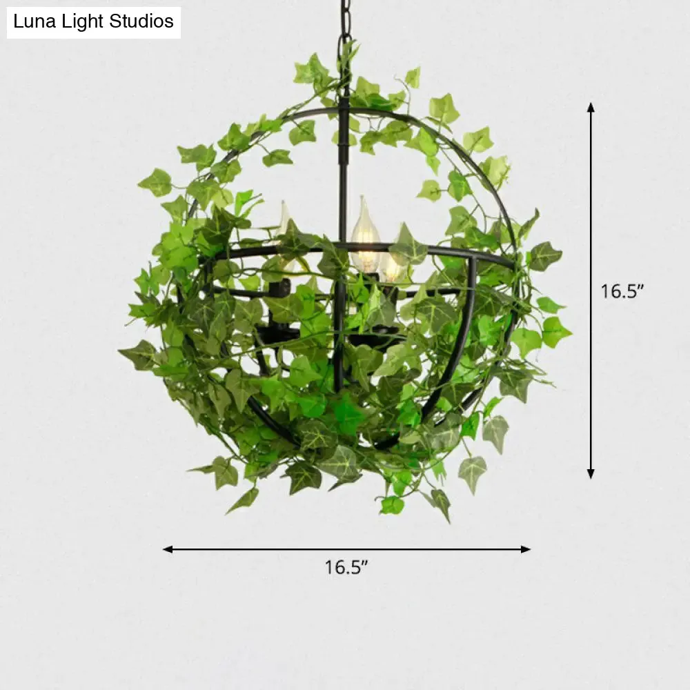 Industrial Green Iron Ceiling Chandelier with 3-Lights, Fake Plant and Cage - Restaurant Pendant Lamp