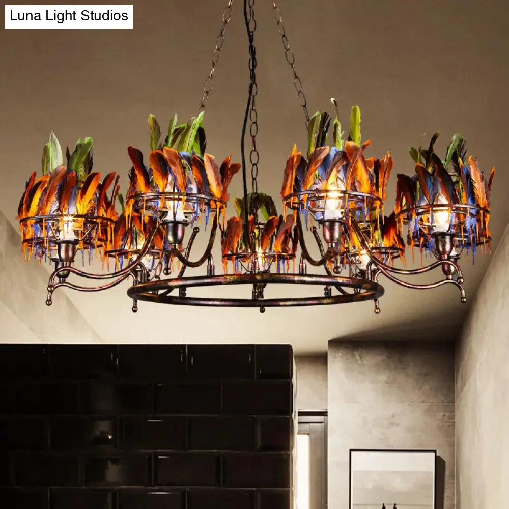 Industrial Iron Rusty Chandelier Light Fixture - 9 Lights, Round Hanging Ceiling Lamp with Colorful Feather Deco