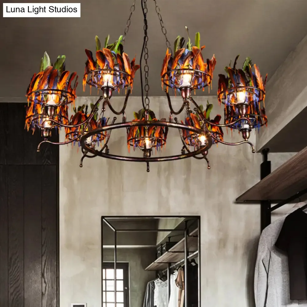 Industrial Iron Rusty Chandelier Light Fixture - 9 Lights, Round Hanging Ceiling Lamp with Colorful Feather Deco