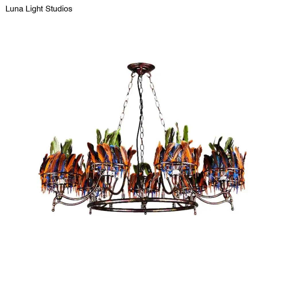 Industrial Iron Rusty Chandelier Light Fixture - 9 Lights, Round Hanging Ceiling Lamp with Colorful Feather Deco