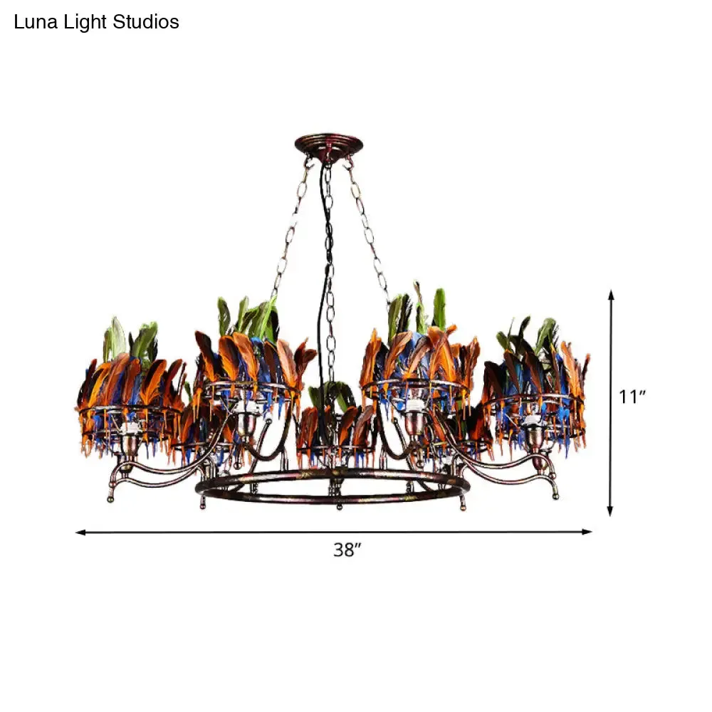 Industrial Iron Rusty Chandelier Light Fixture - 9 Lights, Round Hanging Ceiling Lamp with Colorful Feather Deco