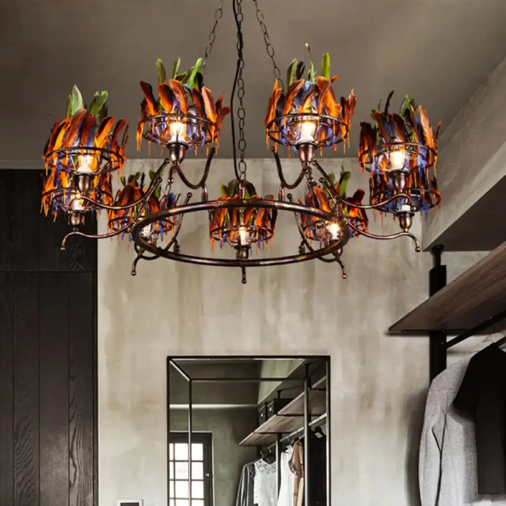 Industrial Iron Rusty Chandelier Light Fixture - 9 Lights, Round Hanging Ceiling Lamp with Colorful Feather Deco