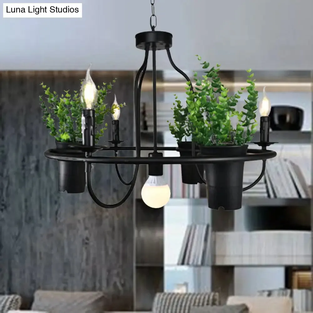 Industrial Metal Chandelier Light - 4/7 Bulbs LED Hanging Lamp in Black with Plant - Perfect for Restaurants