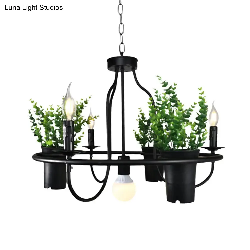 Industrial Metal Chandelier Light - 4/7 Bulbs LED Hanging Lamp in Black with Plant - Perfect for Restaurants