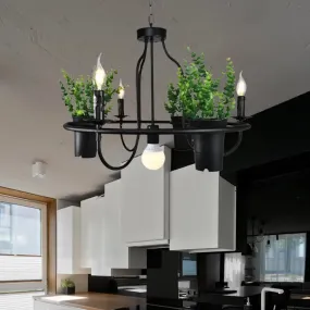 Industrial Metal Chandelier Light - 4/7 Bulbs LED Hanging Lamp in Black with Plant - Perfect for Restaurants