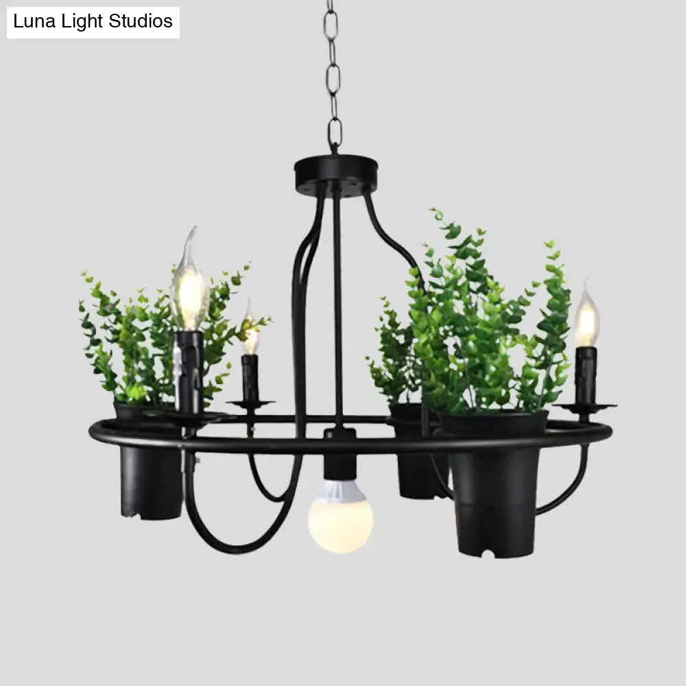 Industrial Metal Chandelier Light - 4/7 Bulbs LED Hanging Lamp in Black with Plant - Perfect for Restaurants