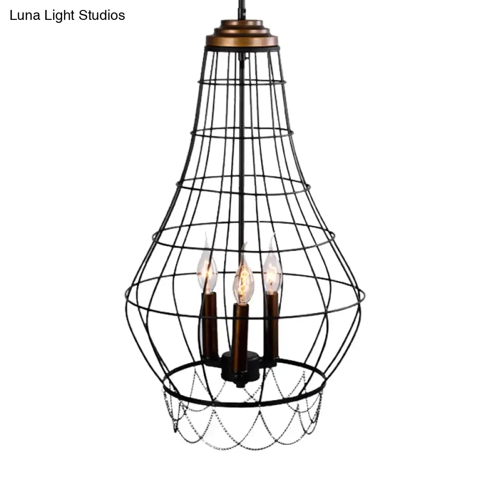 Industrial Metal Wire Guard Drop Light with 3 Black Finish Pendant Lights - Stylish Balcony Lamp with Candle Design