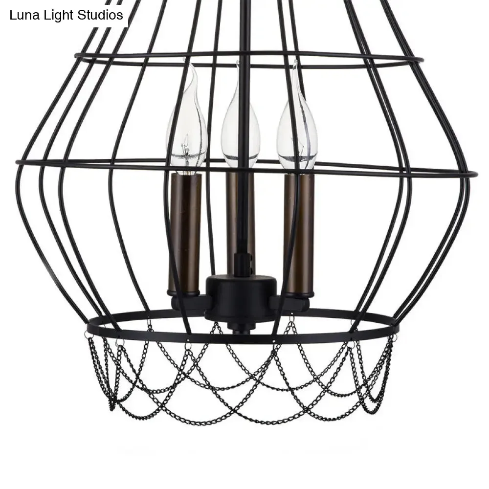 Industrial Metal Wire Guard Drop Light with 3 Black Finish Pendant Lights - Stylish Balcony Lamp with Candle Design