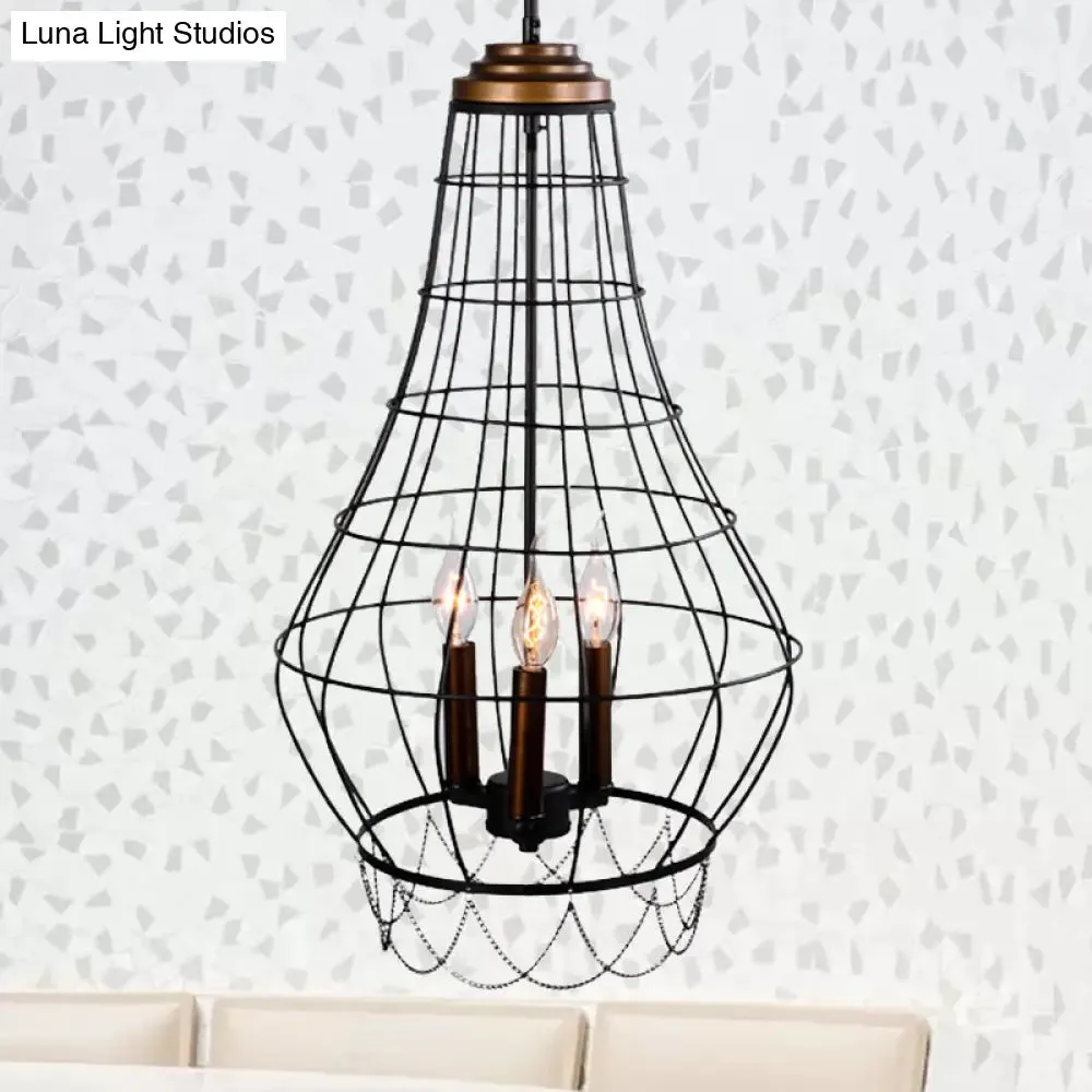 Industrial Metal Wire Guard Drop Light with 3 Black Finish Pendant Lights - Stylish Balcony Lamp with Candle Design