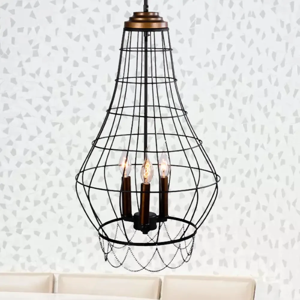 Industrial Metal Wire Guard Drop Light with 3 Black Finish Pendant Lights - Stylish Balcony Lamp with Candle Design