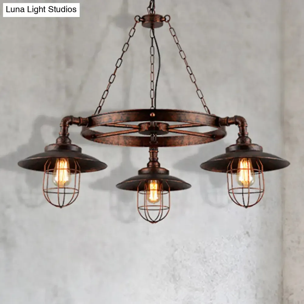 Industrial Weathered Copper Metal Hanging Chandelier - 3-Light Wagon Wheel Shade Pendant Light with Cage for Kitchen