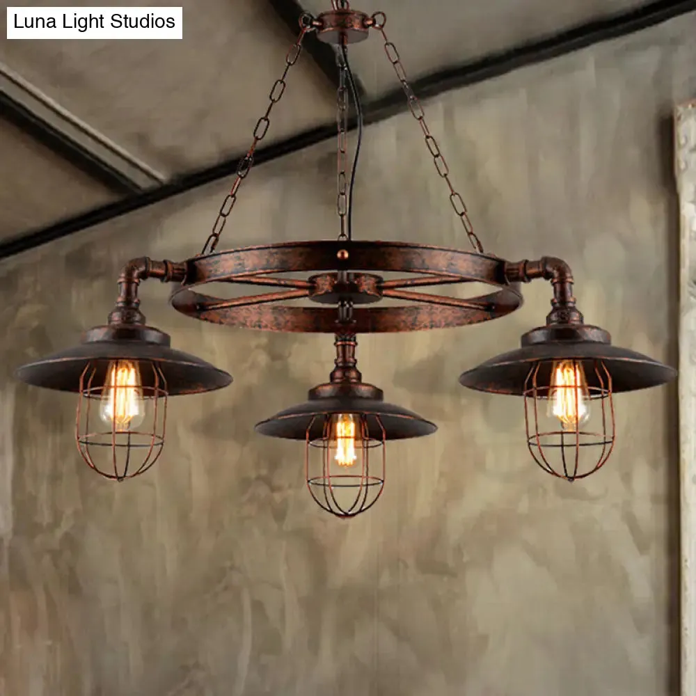 Industrial Weathered Copper Metal Hanging Chandelier - 3-Light Wagon Wheel Shade Pendant Light with Cage for Kitchen