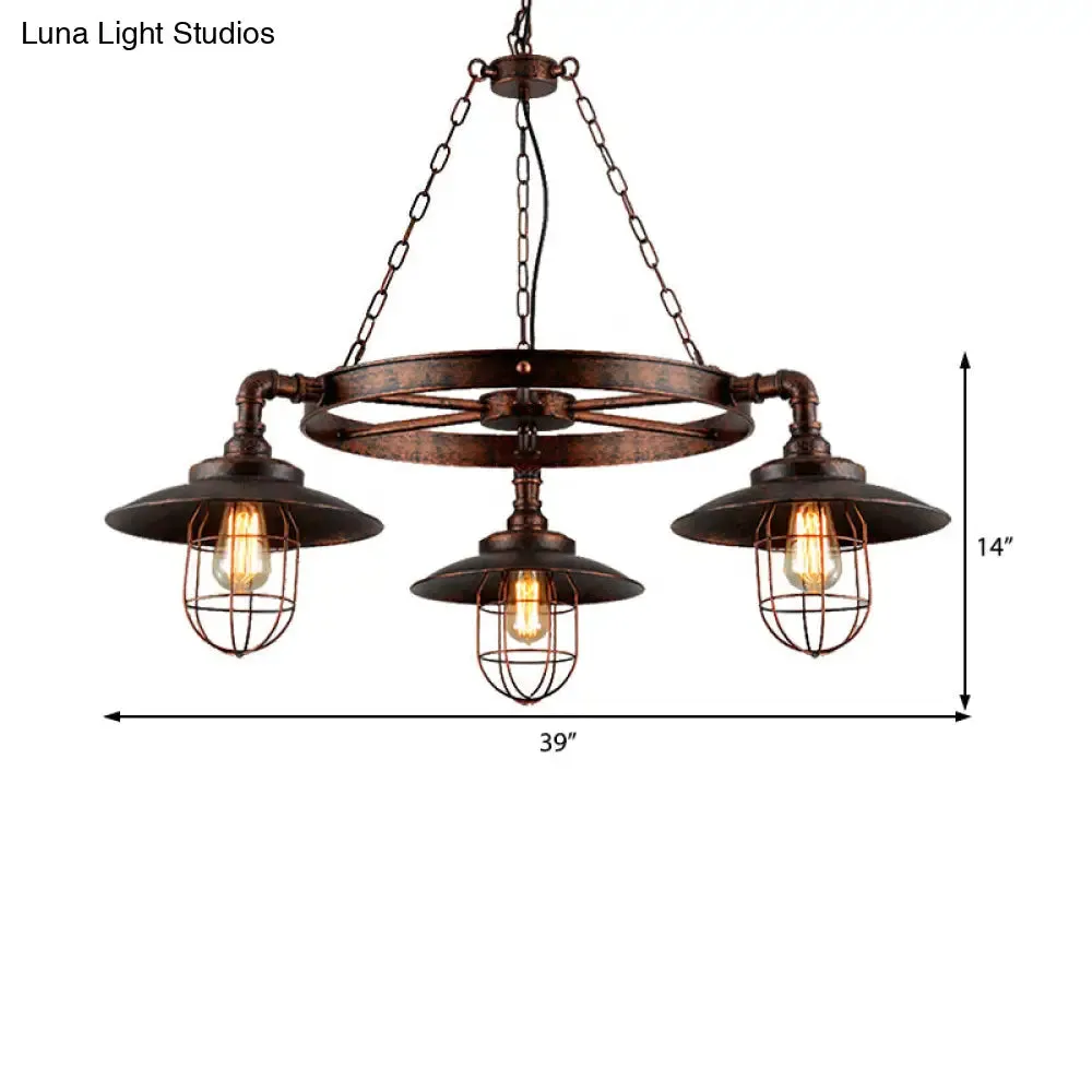 Industrial Weathered Copper Metal Hanging Chandelier - 3-Light Wagon Wheel Shade Pendant Light with Cage for Kitchen