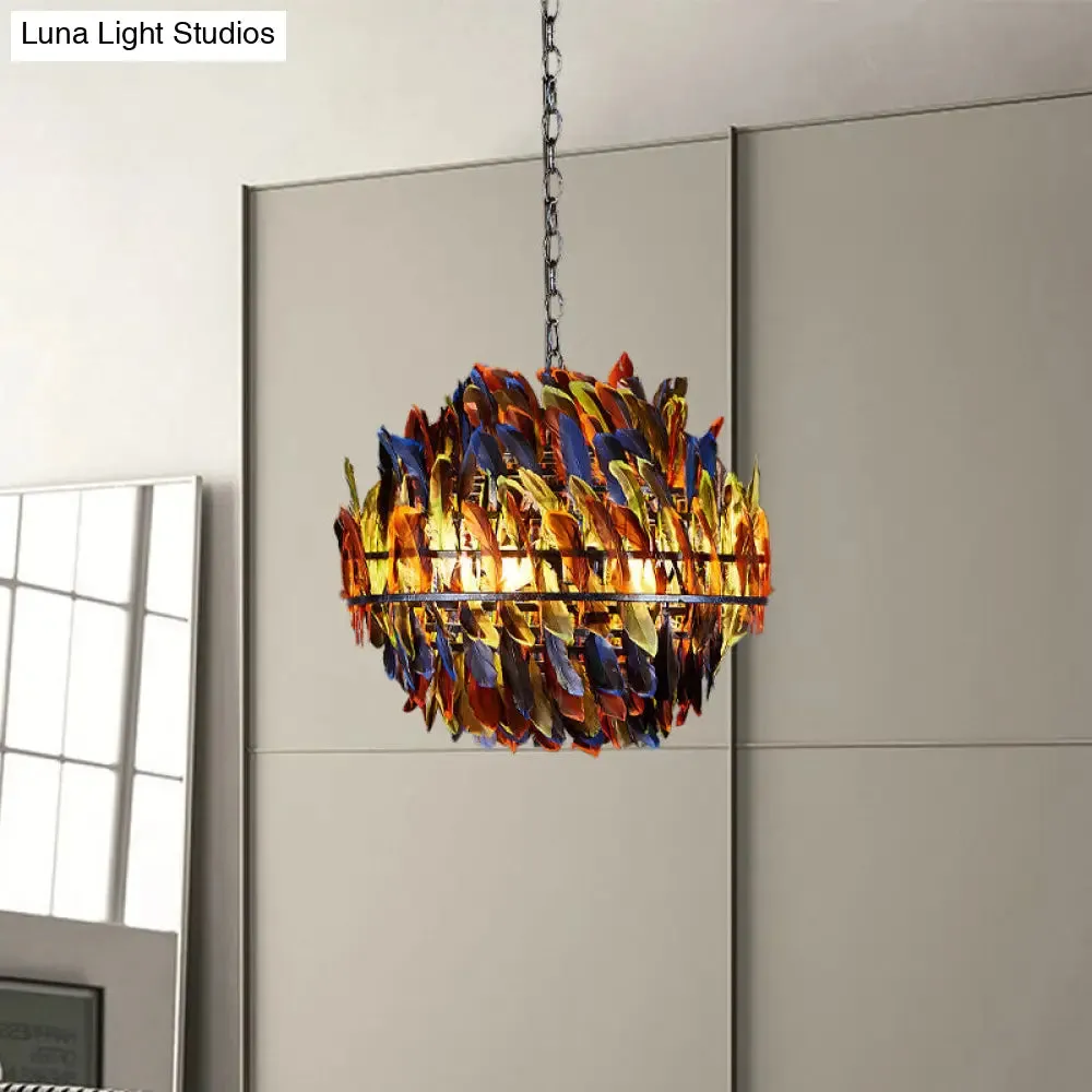 Iron Blue Ceiling Chandelier: Industrial 4-Light Suspension Lamp with Multicolor Feather Deco