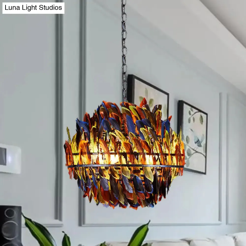 Iron Blue Ceiling Chandelier: Industrial 4-Light Suspension Lamp with Multicolor Feather Deco