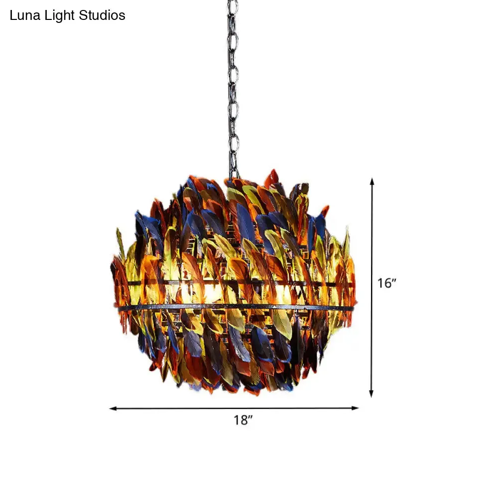 Iron Blue Ceiling Chandelier: Industrial 4-Light Suspension Lamp with Multicolor Feather Deco