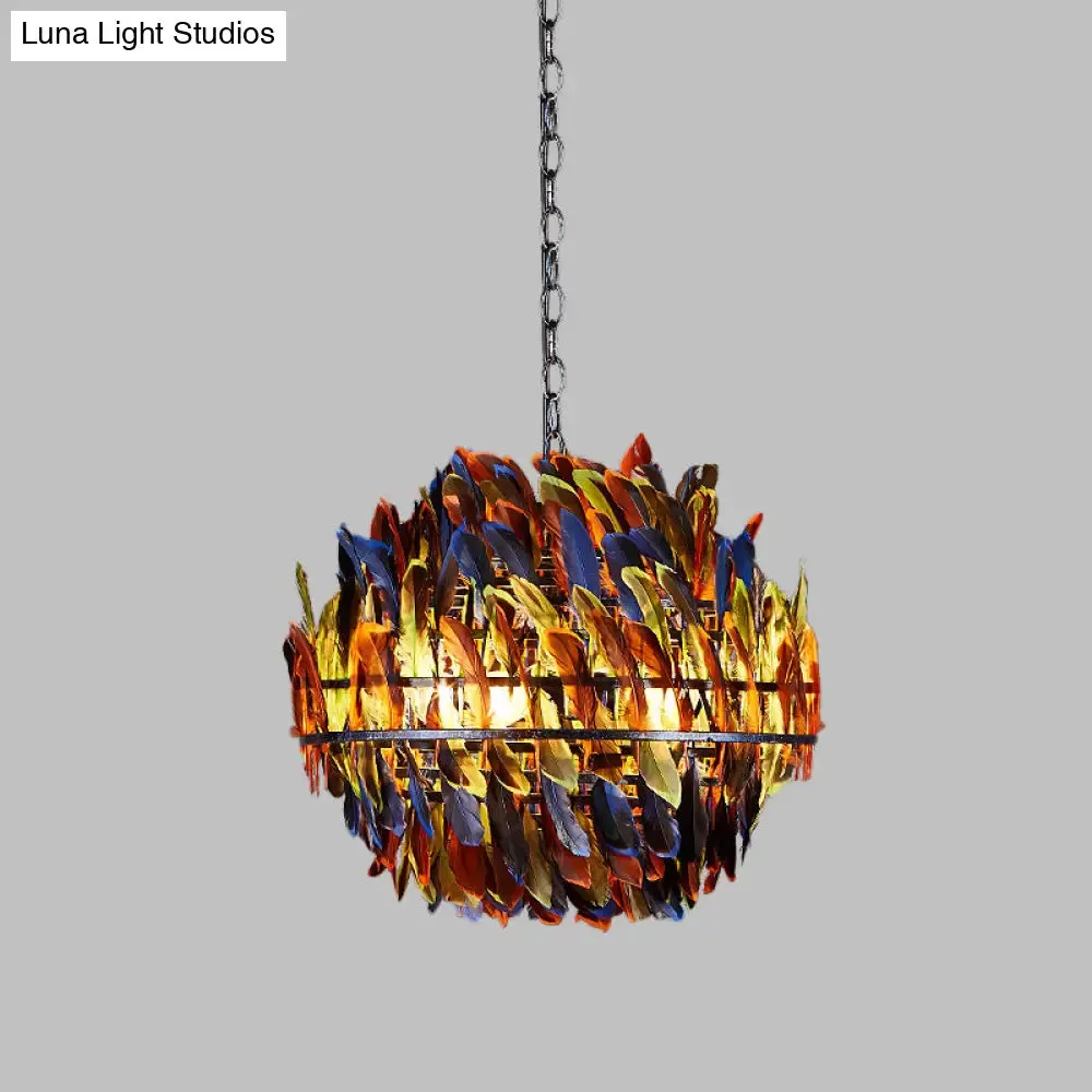 Iron Blue Ceiling Chandelier: Industrial 4-Light Suspension Lamp with Multicolor Feather Deco