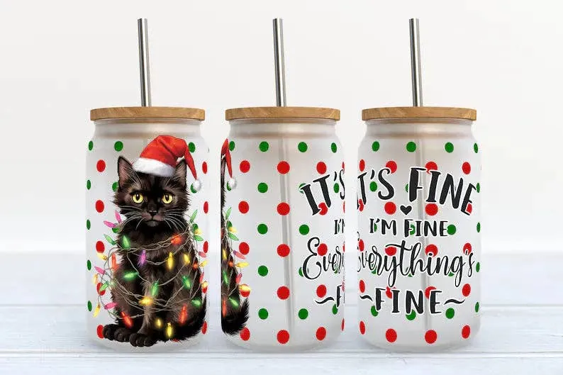 It's Fine I'm Fine Everything's Fine Christmas Cat 16oz Libbey Glass Tumbler