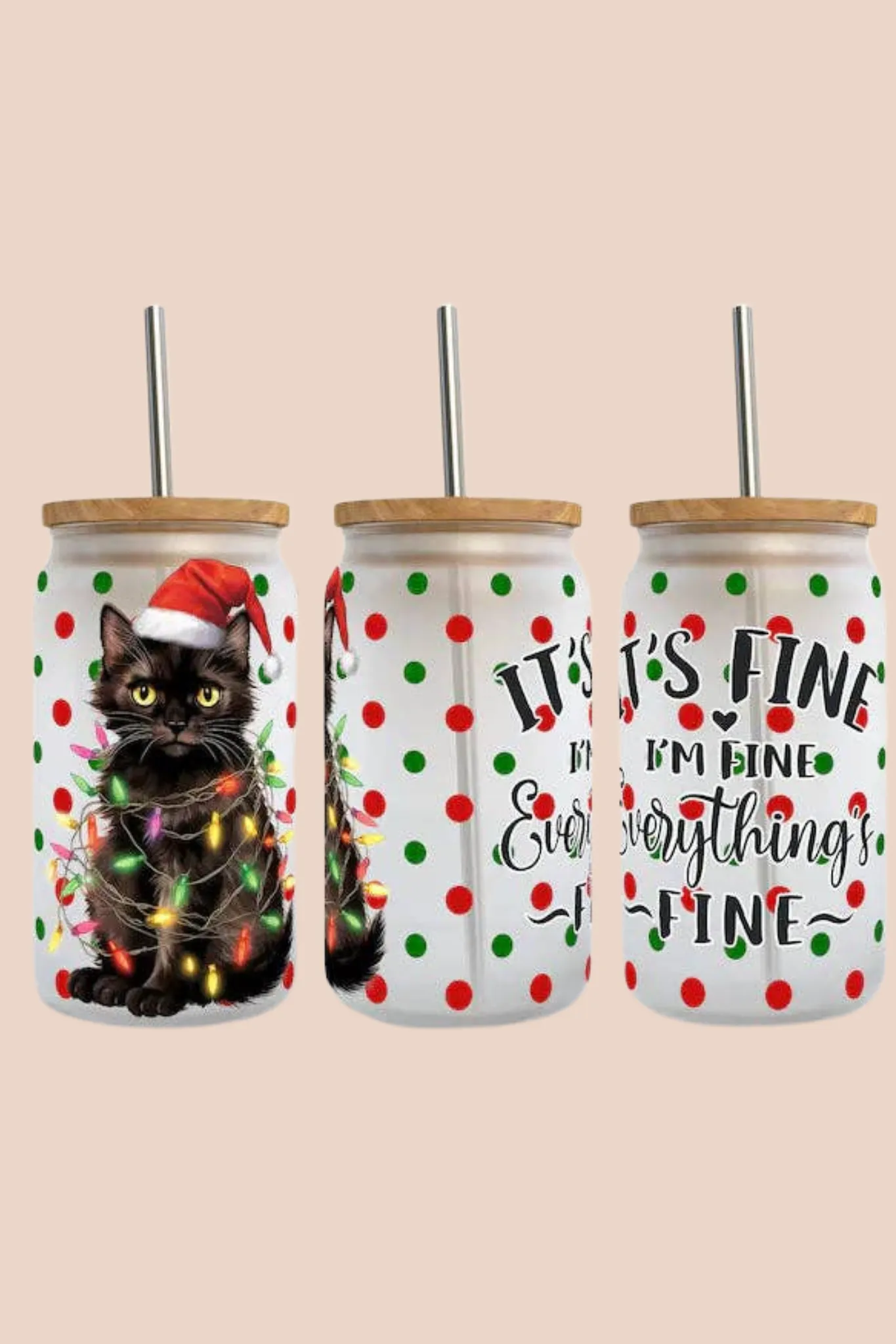 It's Fine I'm Fine Everything's Fine Christmas Cat 16oz Libbey Glass Tumbler