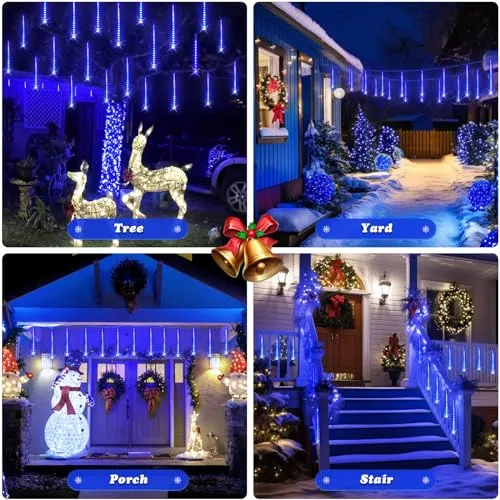 JMEXSUSS Solar Christmas Lights Outdoor Waterproof, Blue Solar Meteor Shower Rain Lights, 8 Tube 144 LEDs Solar Icicle Tree Lights for Halloween Yard Party Patio Xmas Decoration