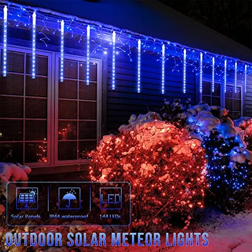 JMEXSUSS Solar Christmas Lights Outdoor Waterproof, Blue Solar Meteor Shower Rain Lights, 8 Tube 144 LEDs Solar Icicle Tree Lights for Halloween Yard Party Patio Xmas Decoration