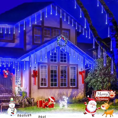 JMEXSUSS Solar Christmas Lights Outdoor Waterproof, Blue Solar Meteor Shower Rain Lights, 8 Tube 144 LEDs Solar Icicle Tree Lights for Halloween Yard Party Patio Xmas Decoration