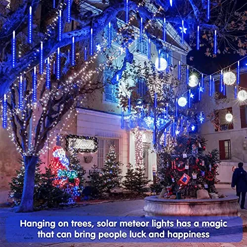 JMEXSUSS Solar Christmas Lights Outdoor Waterproof, Blue Solar Meteor Shower Rain Lights, 8 Tube 144 LEDs Solar Icicle Tree Lights for Halloween Yard Party Patio Xmas Decoration