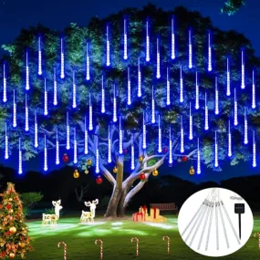 JMEXSUSS Solar Christmas Lights Outdoor Waterproof, Blue Solar Meteor Shower Rain Lights, 8 Tube 144 LEDs Solar Icicle Tree Lights for Halloween Yard Party Patio Xmas Decoration