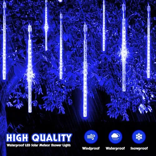 JMEXSUSS Solar Christmas Lights Outdoor Waterproof, Blue Solar Meteor Shower Rain Lights, 8 Tube 144 LEDs Solar Icicle Tree Lights for Halloween Yard Party Patio Xmas Decoration