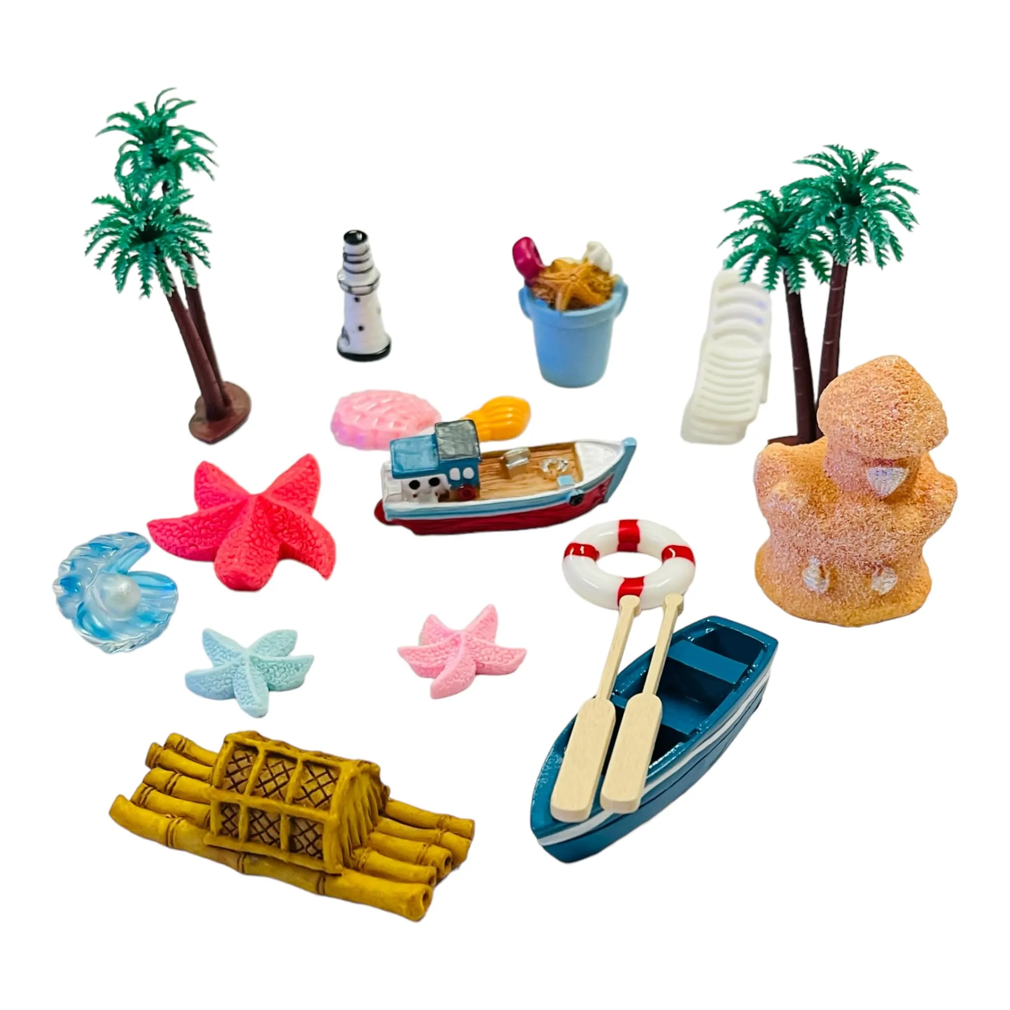 Krisah 18 pcs Resin Beach Theme Miniature Decor Items X Small for Fairy Gardens, Terrariums, Doll Houses, Craft Work, Cake Decorations