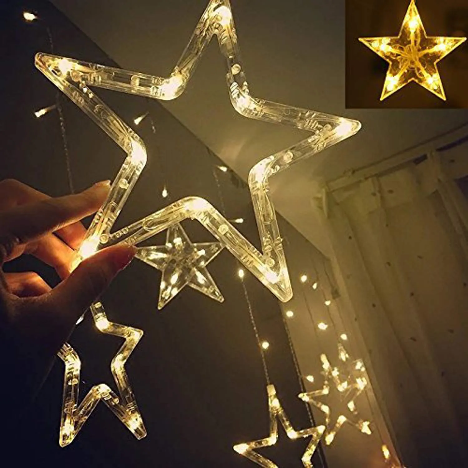 Kuber Industries 138 LED Curtain String Lights with 8 Flashing Modes Decoration(12 Stars, Warm White) -CTKTC22954