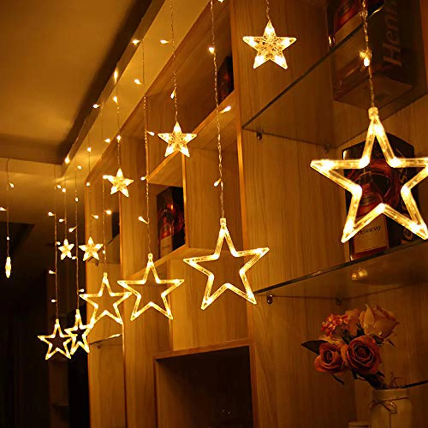 Kuber Industries 138 LED Curtain String Lights with 8 Flashing Modes Decoration(12 Stars, Warm White) -CTKTC22954