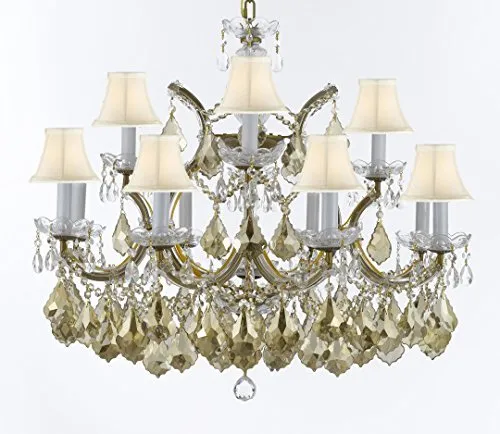 Maria Theresa Chandelier Crystal Lighting H 22" X W 28" W/ Golden Teak Crystal W/ White Shades Good For Dining Room, Entryway , Living Room - A83-SC/WHTSH/B2/GOLDENTEAKGOLD/1534/12 1